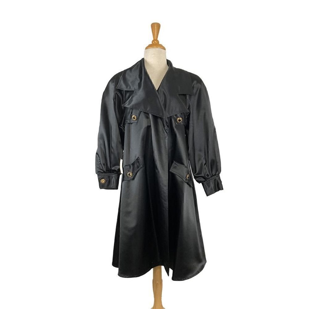 A.J. Bari S Black Satin Trench Coat 1 FLAW Deadstock 80s Puffed Sleeves Evening - Picture 4 of 12